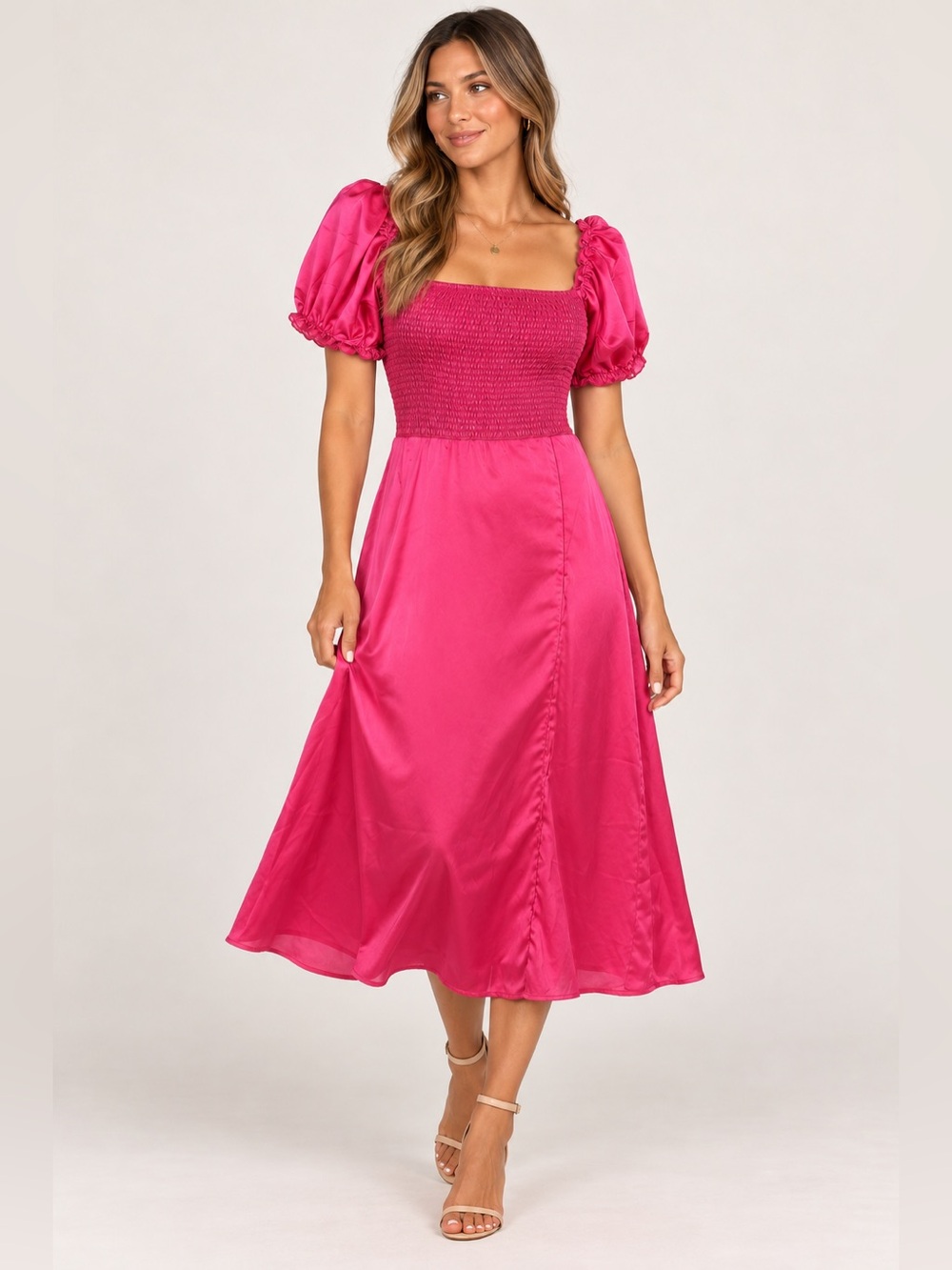 Revolve NSR Fushia Pink Satin Puff Sleeve Square Neck Midi Dress